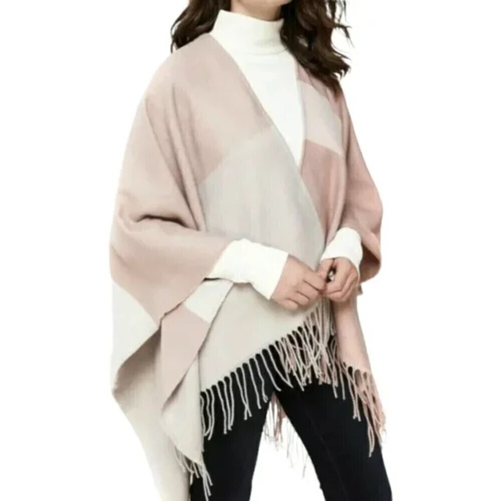 SOIA & KYO Nude Neutral Colorblock Super Soft Poncho Fringe Cardigan One Size